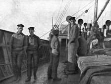 A torpedoing immediately avenged; Prisoners of the 'UC-38' aboard transport..., 1917. Creator: Unknown.