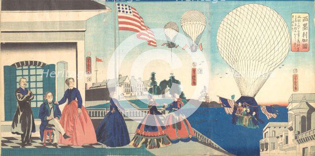 “America”: Enjoying Hot Air Balloons , 1867. Creator: Utagawa Yoshitora.