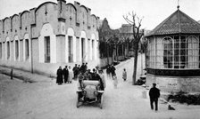 A car in the Promenade of Castellterçol village (Barcelona) in the early 20th century, photograph…