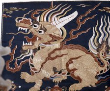 Embroidered silk depicting a Qilin unicorn, China, Ming dynasty, 16th-17th century. Artist: Werner Forman