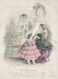 Two women and a child wearing the latest fashions in a garden setting,1858. Artist: Anon