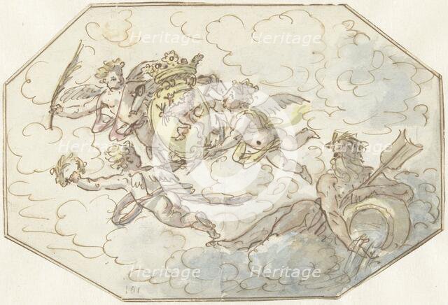 Allegory with putti with coat of arms and the god of river, 1700-1800. Creator: Anon.