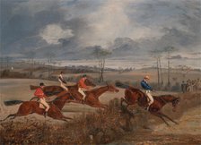 Scenes from a steeplechase: Taking a Hedge, ca. 1845. Creator: Henry Thomas Alken.