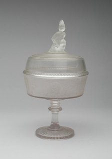 Westward Ho!/Pioneer pattern covered compote on pedestal, c. 1876. Creator: Gillinder & Sons.