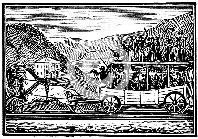 Horse-drawn carriage on the Baltimore and Ohio Railroad c1830. Artist: Unknown