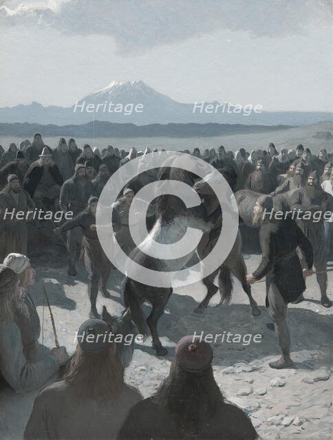 The Story of Burnt Njáll: The Horse-Fight at Hliðarendi, 1880s. Creator: Malmström, August (1829-1901).