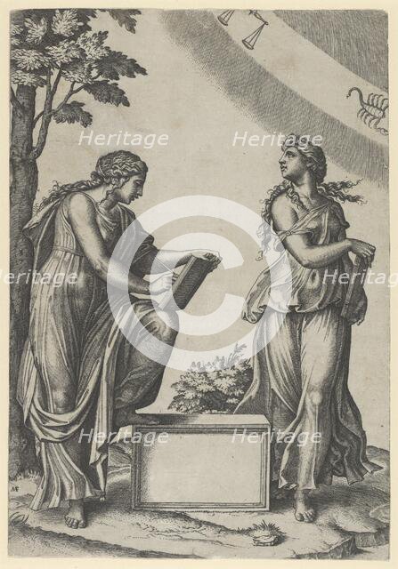 Two women of the zodiac standing beneath the signs of Libra and Scorpio, ca. 1517-20.. Creator: Marcantonio Raimondi.