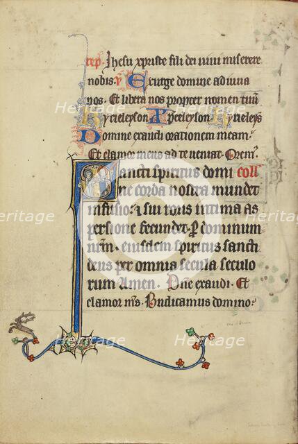 Initial S: A Young Saint Speaking with a Nimbed Female Saint; Ruskin Hours, about 1300. Creator: Unknown.