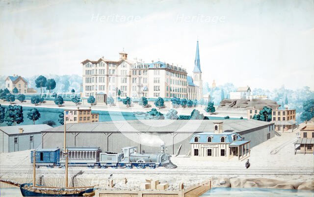 Hudson River Railroad Station, with a View of Manhattan College, ca. 1860-70. Creator: Unknown.