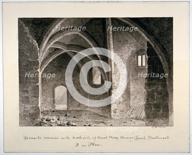 Monastic remains on the north side of St Mary Overy's church, Southwark, London, 1835.               Artist: G Buckler