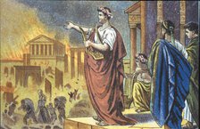 Fire of Rome ordered by the Emperor Nero in 64 AD, coloured engraving.