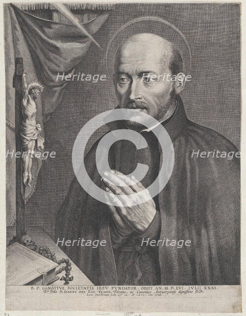 Saint Ignatius of Loyola, praying towards the left with a crucifix, a rosary, a book, and ..., 1621. Creator: Lucas Vorsterman.