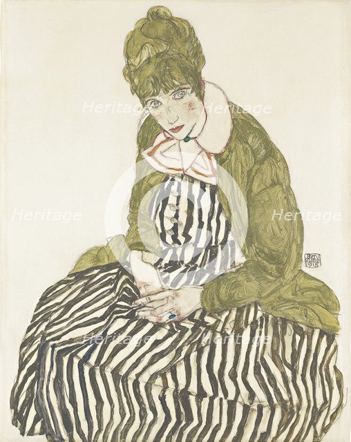 Edith Schiele in Striped Dress, Seated, 1915. Artist: Schiele, Egon (1890–1918)