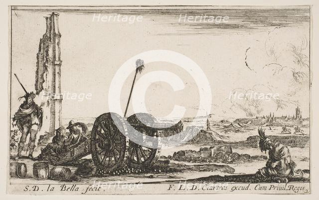 Plate 2: A cannon to the left, a town in the background, from 'Various Military Capric..., ca. 1641. Creator: Stefano della Bella.