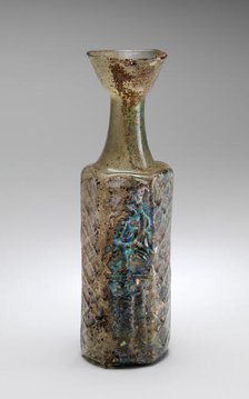 Yellow-Green Hexagonal Glass Bottle with a Stylite Saint, Byzantine, mid-5th-7th century. Creator: Unknown.