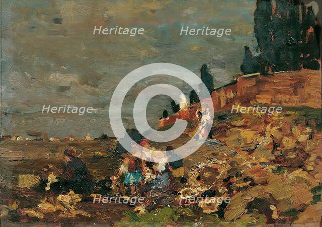 Children at the cemetery wall, 1888. Creator: Tina Blau.