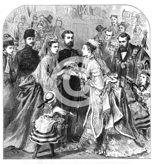 Arrival of the Duke and Duchess of Edinburgh at Gravesend:...presenting a bouquet to the bride, 1874 Creator: Unknown.