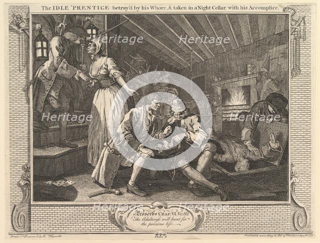 The Idle 'Prentice Betrayed by his Whore and Taken into a Night Cellar with ..., September 30, 1747. Creator: William Hogarth.