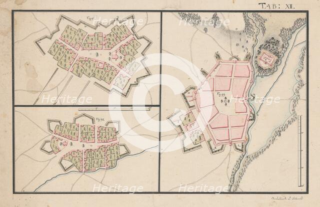 Plans of three settlements with fortifications, 2nd half 18th century. Creator: Unknown.