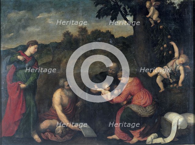 The Holy Family with Saints Jerome, Catherine of Alexandria and angels.