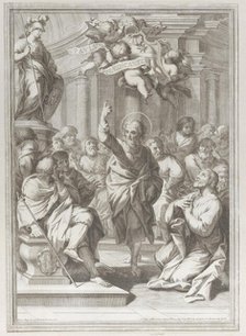 Saint Paul preaching at center, standing in a crowd in a columned interior, pointing ..., 1681-1725. Creator: Arnold van Westerhout.