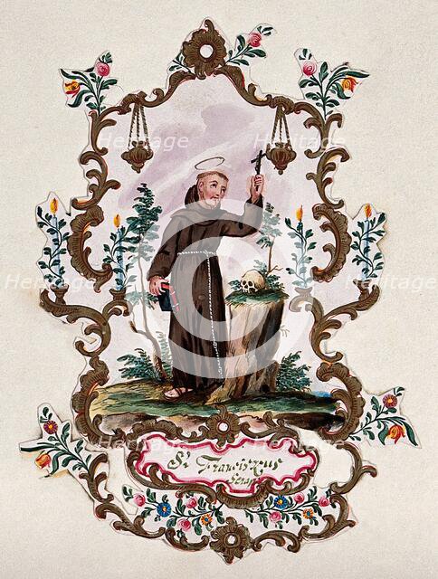 Saint Francis of Assisi, in a rococo frame, holding a Bible and a crucifix. Creator: Unknown.
