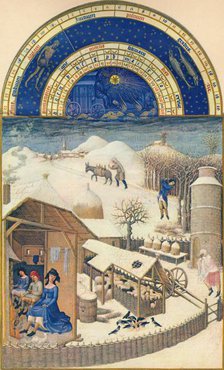 February - village under the snow, 15th century, (1939). Creator: Paul Limbourg.