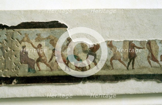 Slaves building a wall watched by a taskmaster, Roman. Artist: Unknown