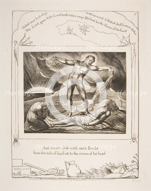 Satan Smiting Job with Boils, from Illustrations of the Book of Job, 1825-26. Creator: William Blake.