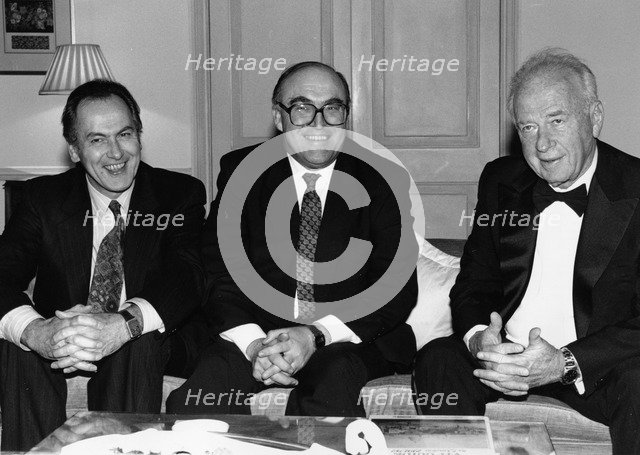 Jack Cunningham, MP, John Smith, Labour Party leader, Yitzhak Rabin, Israeli Prime Minister, 1992. Artist: Sidney Harris