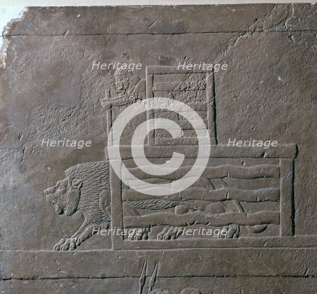 Assyrian relief of a lion being released from a cage for a hunt, 7th century. Artist: Unknown