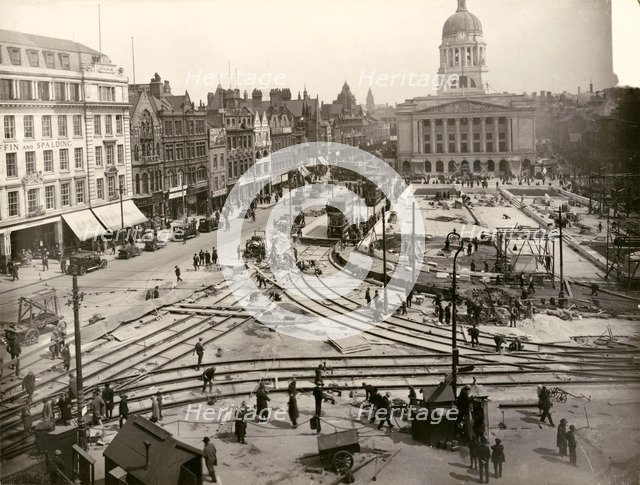 Re-laying of tram track in the Old Market Square, Nottingham, Nottinghamshire, 1929. Artist: Unknown