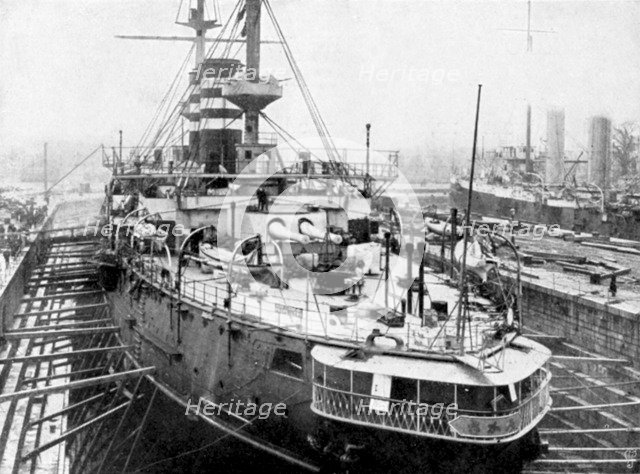 Japanese warship Mikasa at Portsmouth docks, England, 1904. Artist: Unknown