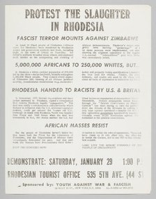 Flyer advertising a protest against slaughter in Rhodesia, January 29, 1972. Creator: Unknown.