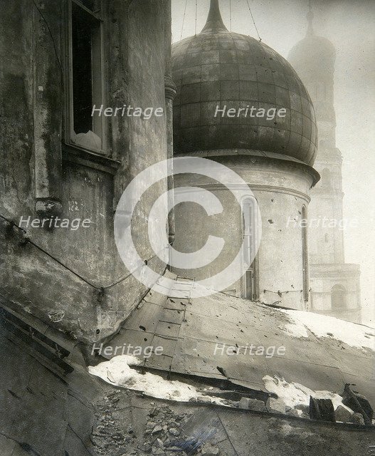 The Cathedral of the Dormition in the Moscow Kremlin after shelling in November 1917. Artist: Pyotr Petrovich Pavlov