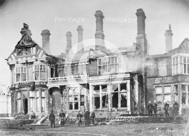 The house of Mr Arthur du Cros at St Leonards, Hastings, burnt down by suffragettes,  April 1913. Artist: Unknown