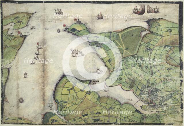 Coloured manuscript plan of Falmouth Haven, or Harbour, 1579. Creator: Christopher Saxton.