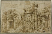 Ruins of Roman Forum, with Figures, c. 1550. Creator: Giovanni Battista Pittoni.