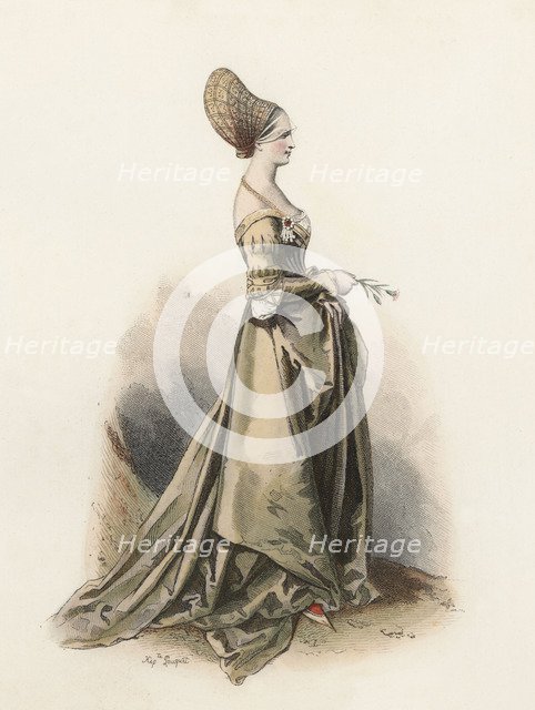 Lady of Nuremberg, in the Modern age, color engraving 1870.