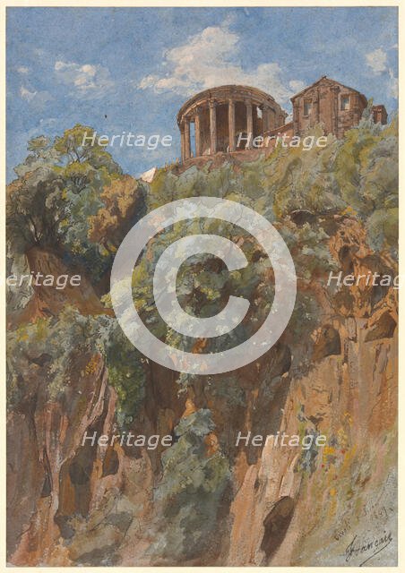 View of the Temple of Vesta in Tivoli, 1844. Creator: François Louis Français.