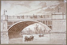 View of a small boat passing underneath Vauxhall Bridge, London, 1820.                        Artist: DHC