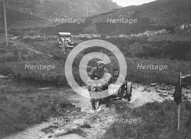 493 cc Triumph and sidecar of HS Perry competing in E&DMC Scottish 6 Days Trial, 1933.. Artist: Bill Brunell.