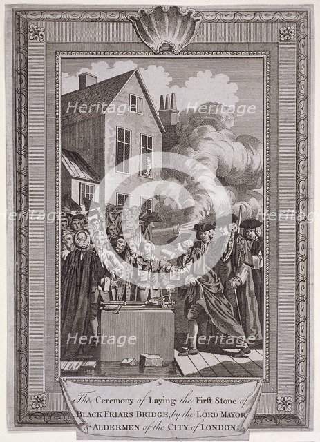 Laying the first stone of Blackfriars Bridge, London, 1760. Artist: Anon
