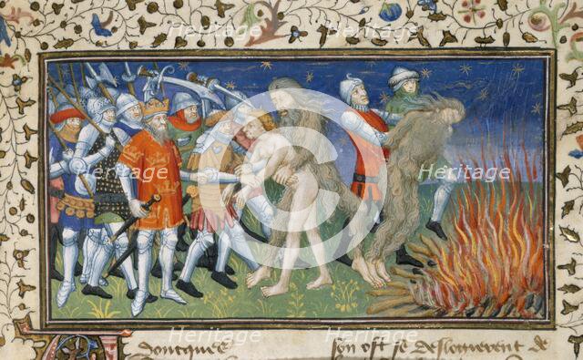 Alexander burns a wild man, early 15th century.  Creator: Unknown.