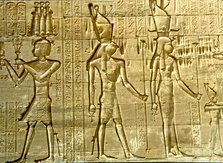 Reliefs with figures and writing in the Temple of Hathor.