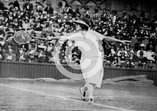 Helen Wills playing her first Wimbledon final against Kathleen McKane, 1924. Artist: Tropical Press