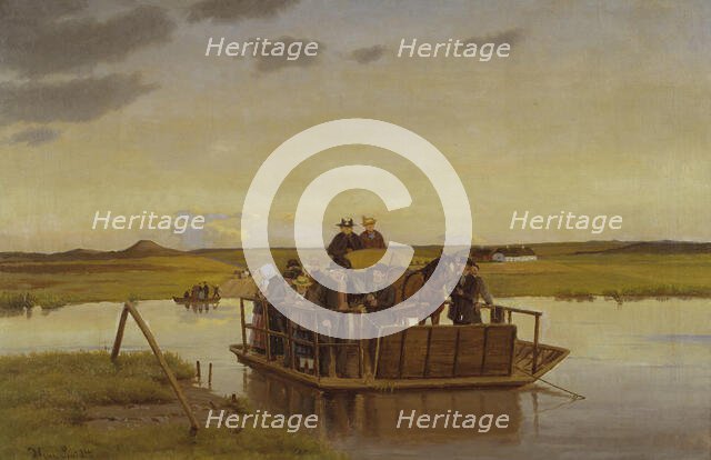 A ferry across the Gudenåen, 1910-1917. Creator: Hans Smidth.