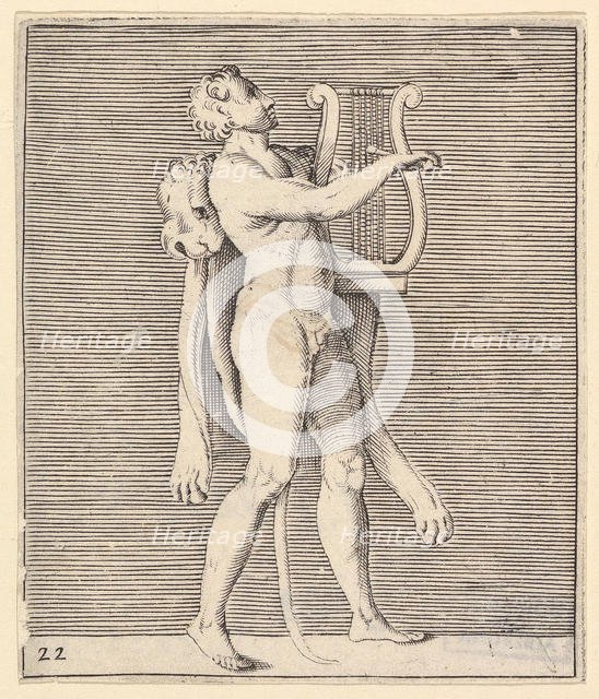 Hercules playing a lyre, a lionskin draped over his shoulder, published ca. 1599-1622. Creator: Unknown.