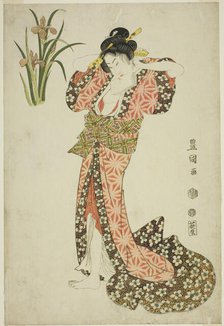 Irises: beauty arranging hair, from an untitled series of beauties and flowers, 1812. Creator: Utagawa Toyokuni I.