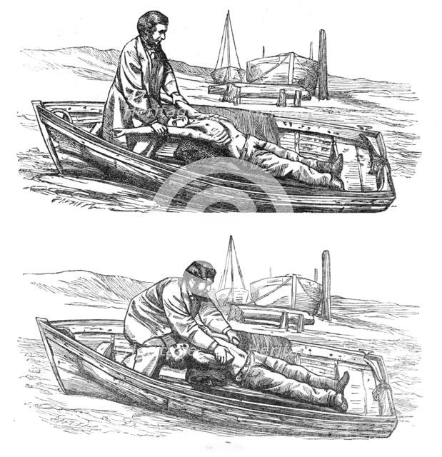 Restorative treatment of the apparently drowned:...Silvester's method of inducing respiration, 1864. Creator: Dalziel Brothers.